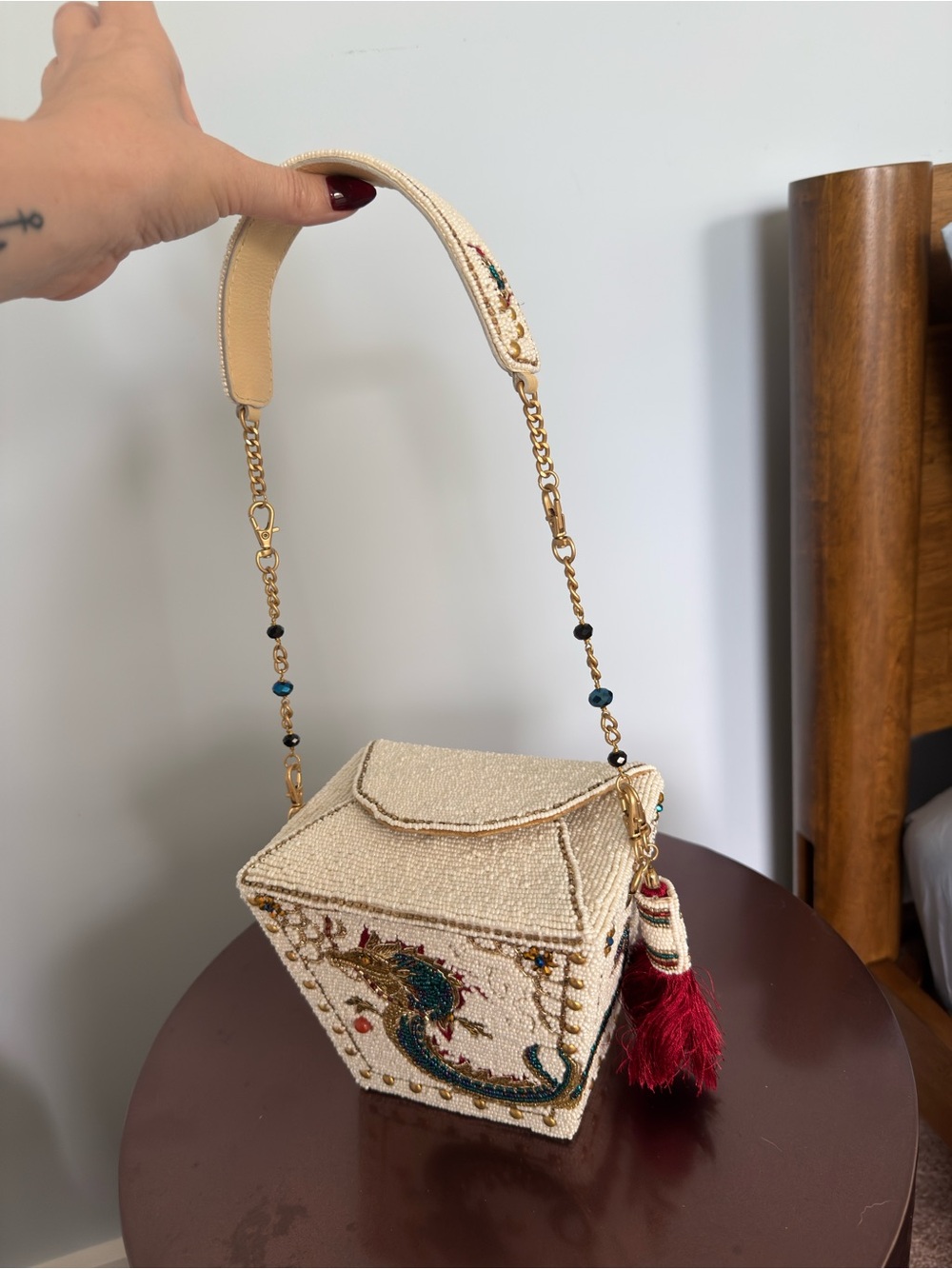 Mary Frances Fully Beaded Ivory Dragon Evening Clutch with Red Tassel NWOT - Picture 4 of 6